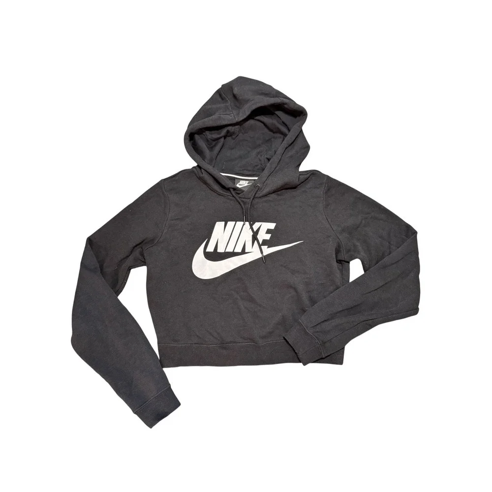 Nike Sportswear Essential Cropped Hoodie Black White Futura Logo Womens XS